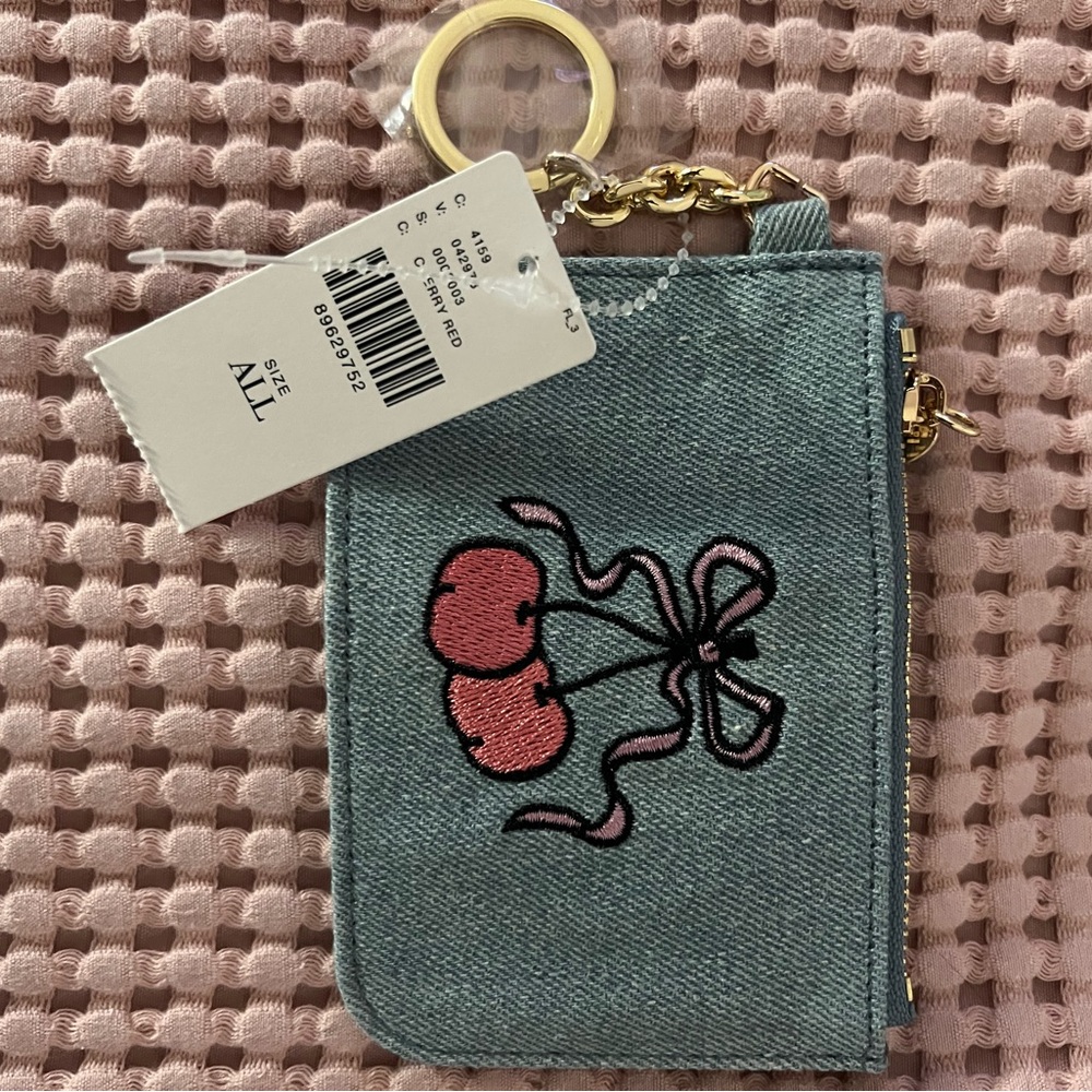Anthropologie Blue and Pink Cherry Keychain Pouch